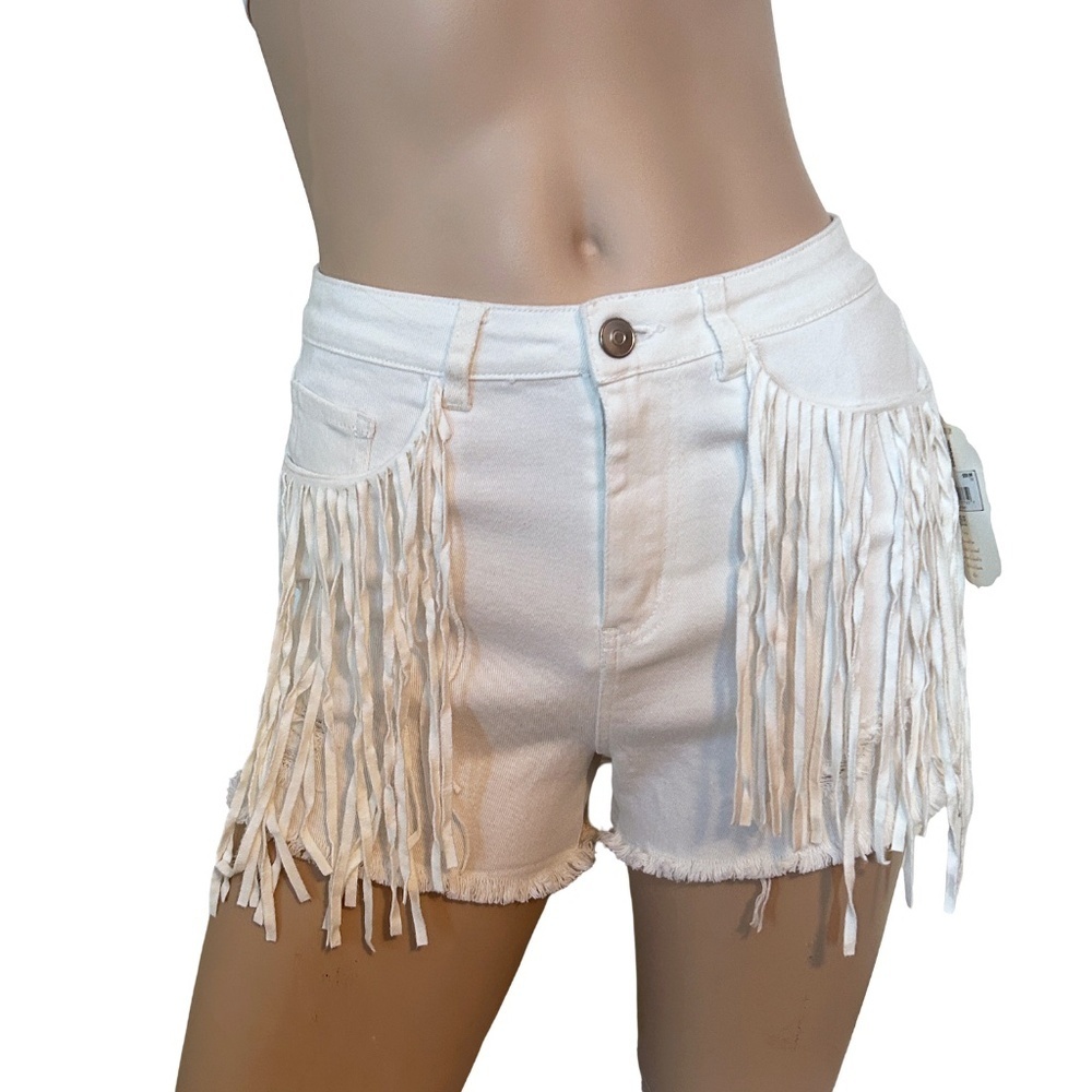 Altar'd State Fringe Shorts Hippie Stretch Denim Cowboy Moto Hi Waist Distressed